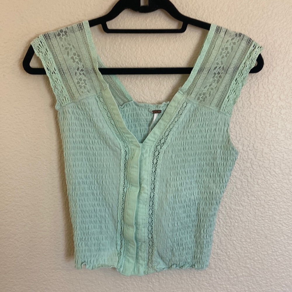 Free People mint smocked lace button down top